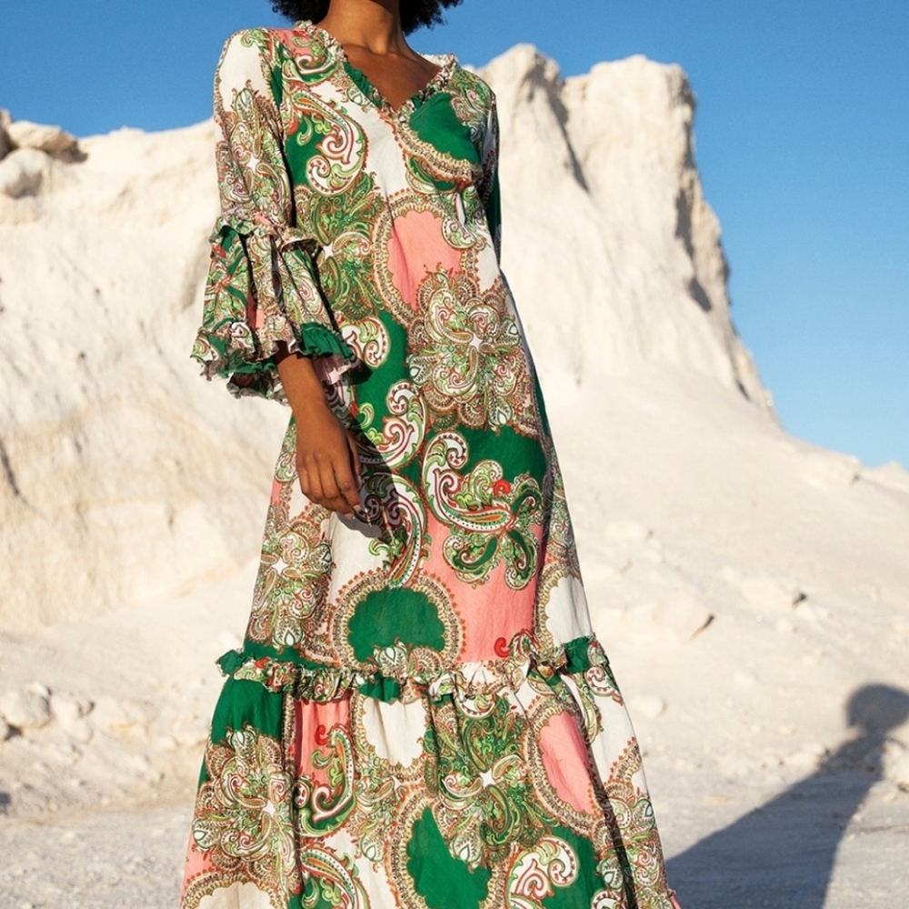 One Season Paisley Maxi Dress in Green and Pink